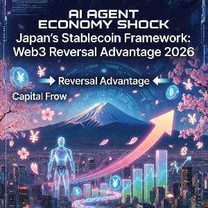 AIエージェントがステーブルコイン（JPYC、JPYSCなど）で自律決済を行う未来像と、日本の規制整備によるWeb3投資優位性を視覚的に表現しています。2026年現在、日本はFSAの明確な枠組みで銀行裏付けの円建てステーブルコインを推進し、AIエージェントの経済活動（決済・RWA・B2B）を加速させる事例が急増しています。