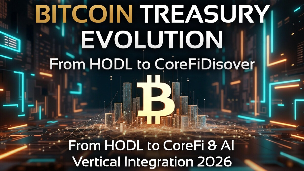 ビットコイントレジャリー戦略の進化 2026 - HODLからCoreFiとAIデータセンター垂直統合へ。未来都市を背景にしたネオン輝くビットコインシンボルのデジタルアート