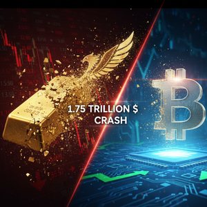 金（ゴールド）価格が急落し1.75兆ドルが減少する様子と、上昇するビットコイン（BTC）のシンボルを対比した画像。伝統的な安全資産からデジタルゴールドへの資金シフトを示唆。
