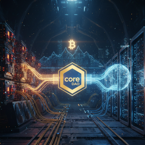 BTCマイナーのPoWハッシュレートで稼働するAIデータセンターと、両者のセキュリティを統合し報酬を提供するCore DAOのSatoshi Plusコンセンサスを図示した、サイバーパンク調の未来的な回路図。I