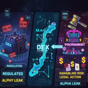 金融庁の暗号資産規制におけるCEX・DEX・DeFiの三すくみ構造を解説する図。左の規制されたCEX、中央の規制の抜け道を示すDEX、右の賭博リスクを象徴するPolymarketを示し、FSA規制、LOOPHOLE、GAMBLING RISKの文字でリスクと規制状況を表現。