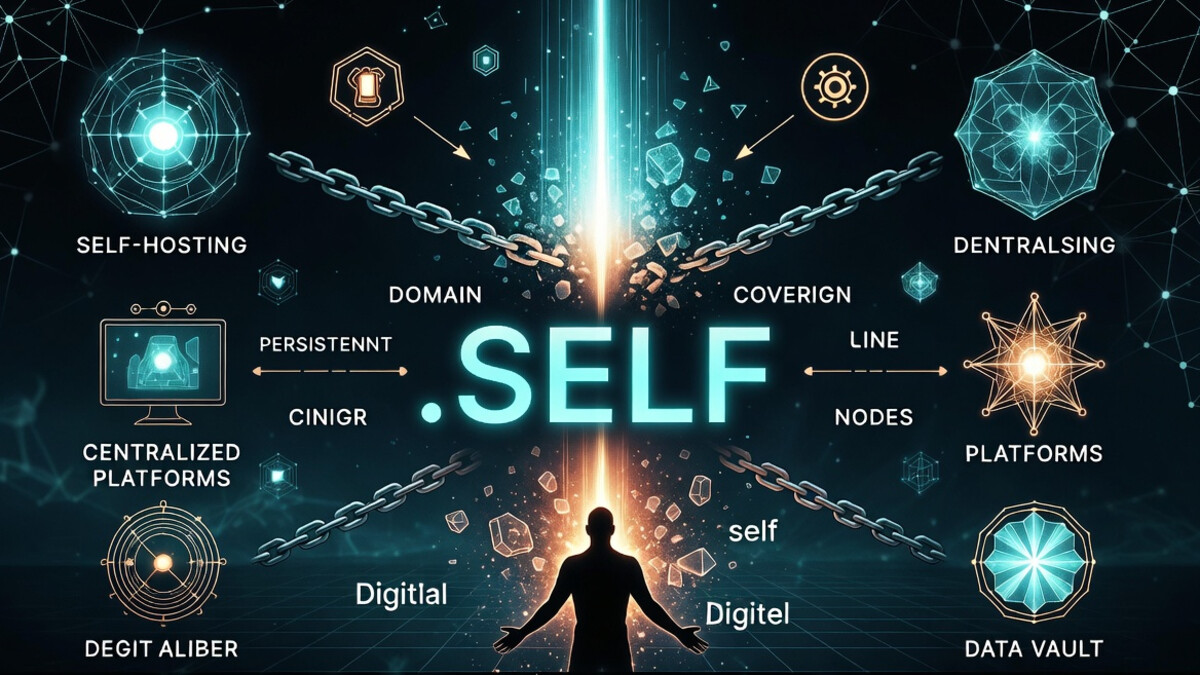 .self TLD：人間中心の自己主権アイデンティティを象徴するデジタルアート。断片化されたデジタルIDを永続的な一つの軸に構造化し、中央集権型プラットフォームからの脱却を目指す哲学的ビジュアル（2026年）