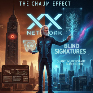 デイヴィッド・チャウム「THE CHAUM EFFECT」のタイトルと共に、ブラインド署名、eCash、量子耐性ブロックチェーン、そしてxx networkのロゴが、監視社会(BIG BROTHER IS WATCHING YOU)の都市を背景に並ぶ、デジタルプライバシーの哲学を示す画像。