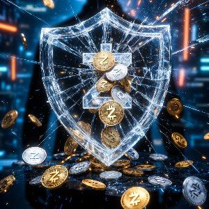 Zcash（ZEC）Orchard重大バグ ひび割れた零知識証明シールドから無限に溢れ出す偽ZECコイン。Zooko Wilcox創設者シルエットとECC・cashZ分裂の影が交錯する2026年内紛象徴画像