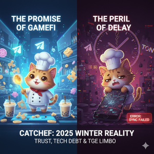 「CatChef 2025 Winter Reality」と書かれた分割型のアイキャッチ画像。左半分は「THE PROMISE OF GAMEFI」という文字と共に、明るい青色の光の中でシェフ姿の猫が笑顔で料理をしている。背景にはTelegramのアイコンやコインが舞っている。右半分は「THE PERIL OF DELAY」という文字と共に、暗い紫色の背景で疲弊した猫がひび割れたスマートフォンを持ち、背後には壊れた時計とTONロゴが浮かんでいる。右下には赤文字で「ERROR: SYNC FAILED」という警告が表示されている。