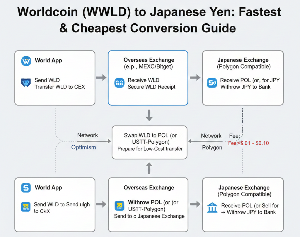 Worldcoin (WLD) を日本円に換金する最速・最安ルートを示すインフォグラフィック。World Appから海外取引所（MEXC/Bitgetなど）へOptimismネットワークでWLDを送り、低コストなPolygon（POL）ネットワークを経由してPolygon対応の国内取引所へ送金し、最終的に日本円として出金するまでの全5ステップと手数料（$0.01〜$0.10）を図解。この図は、日本のユーザーがWLD 換金を行う際の最適なWorldcoin 換金手順およびWorldcoin 取引所 換金の出口戦略を示しています。