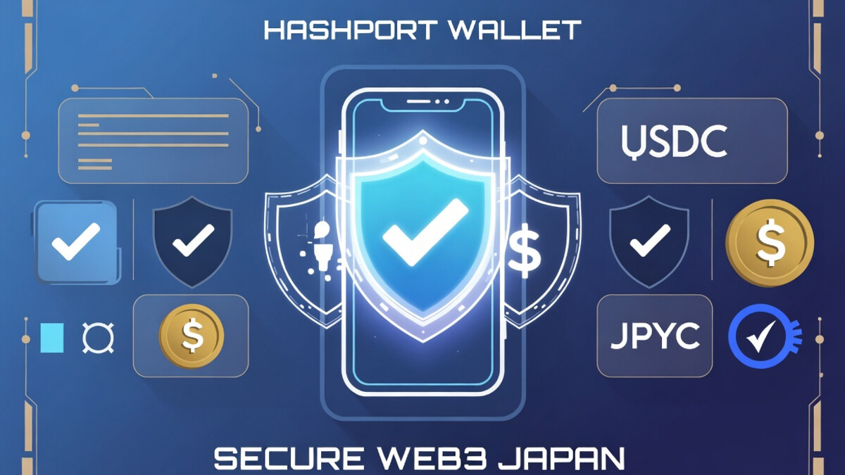 HashPort Wallet 2026 年 10 月最新：Ponta ポイントから USDC・JPYC 交換、au PAY チャージ、AI 連携（MCP）対応。PontaポイントからUSDC・JPYCへの交換とau PAY連携を象徴するデジタルアート（2026年最新）