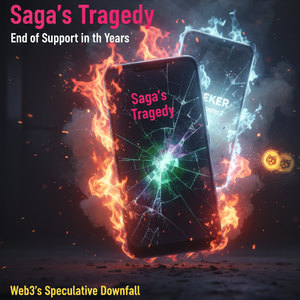Solana Sagaスマホの割れた画面と燃え盛る炎、背景には次世代機Seekerの冷たい光。ミームコインBONKのロゴが燃え尽きる様子が描かれ、Web3投機の一過性とデバイスの短命を象徴する。