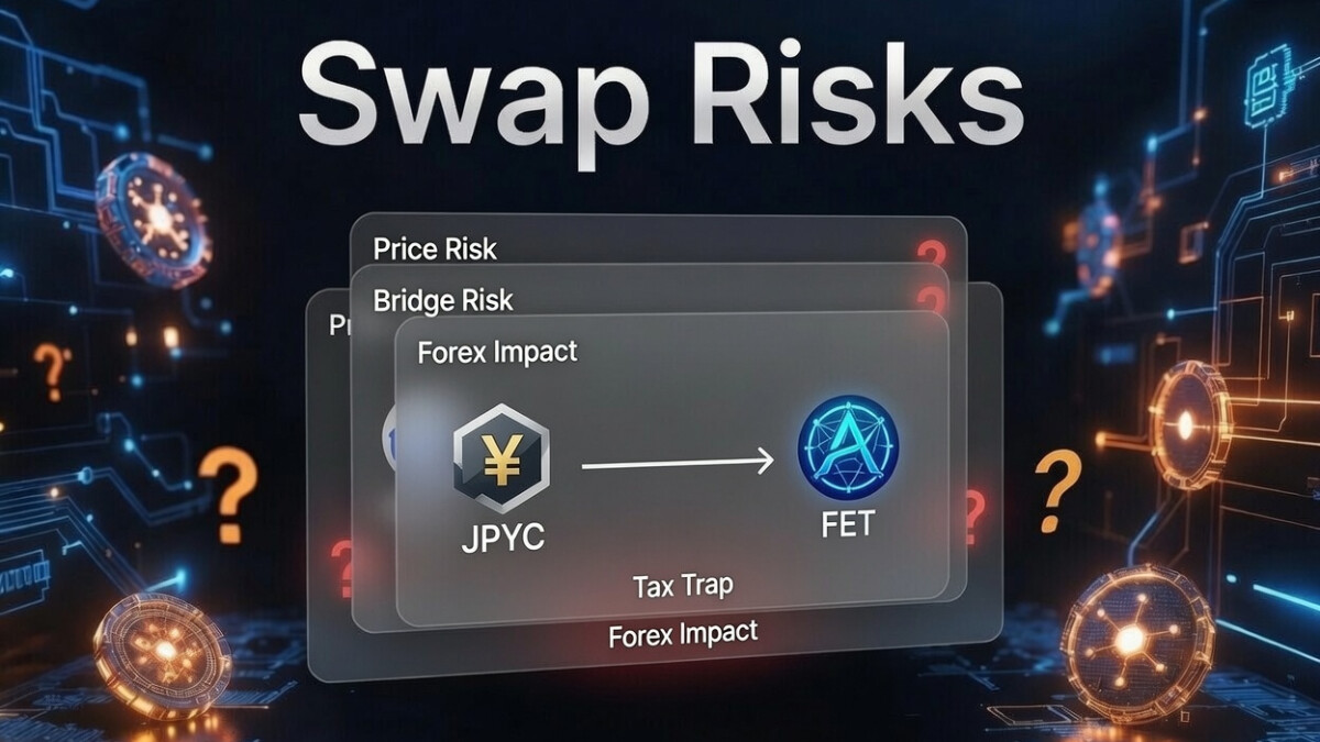 暗号資産Swapの隠れたリスクを視覚化したインフォグラフィック。JPYCからFETへのスワップ経路にPrice Risk、Bridge Risk、Forex Impact、Tax Trapの4つのリスクレイヤーが重なる様子。HashPort Walletユーザー向け警告イメージ「Swap Risks - Know Before You Tap」