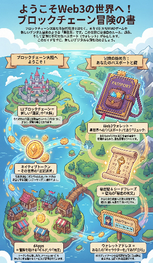 ブロックチェーンを異世界MMOに例えたWeb3入門マップ。L1ブロックチェーン大陸、ウォレットアドレス、ネイティブトークン、DApps、Webウォレット、秘密鍵などをファンタジー風イラストで視覚的に解説した冒険の書