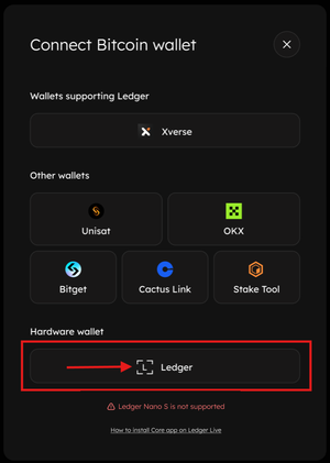 LedgerでCoreチェーンのBTC非カストディアルステーキングを実行する画面スクリーンショット