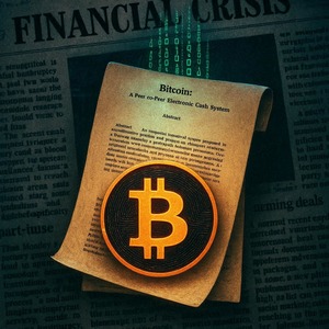 ビットコイン ホワイトペーパー 金融危機 サトシ・ナカモトの理念。17周年を記念し、新聞記事を背景に光るビットコインロゴと9ページの白書、ブロックチェーンのデジタルコードが立ち昇るデジタルアート。非中央集権、PoW、デジタルゴールドを象徴。