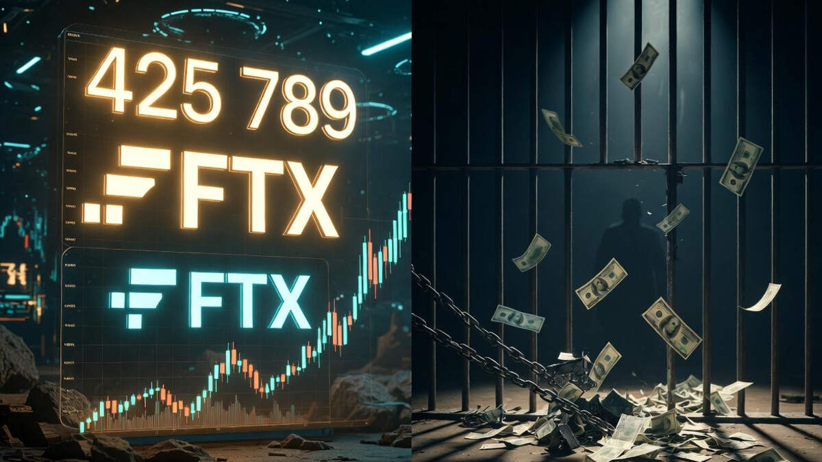 Sam Bankman-Fried（SBF）とFTX崩壊の対比イメージ：左側は輝くオンチェーン帝国とFTXロゴ、巨大な数字、上昇するチャート、右側は暗い刑務所と壊れた鎖、落ちるドル紙幣。オンチェーンの巨大さと現実世界の脆さを象徴するLegendsシリーズ記事用ビジュアル