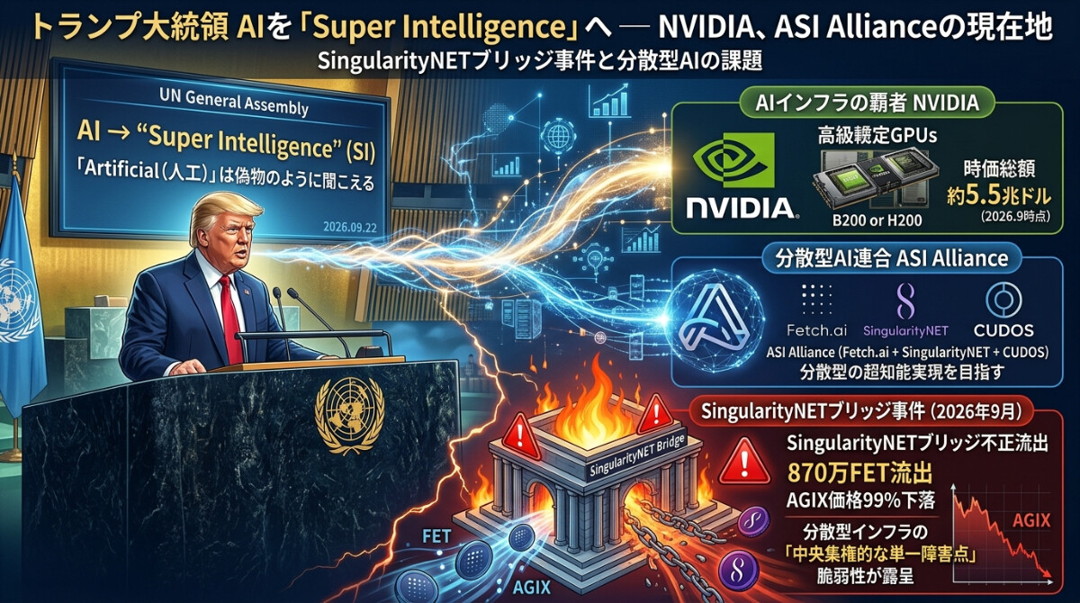 国連総会で「AIをSuper Intelligenceへ」と演説するトランプ大統領を左に配置し、中央から右へ伸びるデータネットワークが、AIインフラの覇者NVIDIA（時価総額5.5兆ドル、H200 GPU）、分散型AI連合ASI Alliance（Fetch.ai、SingularityNET、CUDOS）、そして燃え上がる「SingularityNET Bridge」と事件の詳細（870万FET流出、AGIX価格下落、分散型インフラの脆弱性）に繋がっているインフォグラフィック。