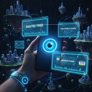 Worldcoin（ワールドコイン）が2026年に完全移行したWorld Chainのイメージ画像。スマートフォン上のWorld Appに青く輝く虹彩認証アイコンが表示され、背景には「GAS FEE FREE（ガス代無料）」の文字とVisaカード、Web3の異世界を象徴する浮遊島が広がっているアイキャッチ。