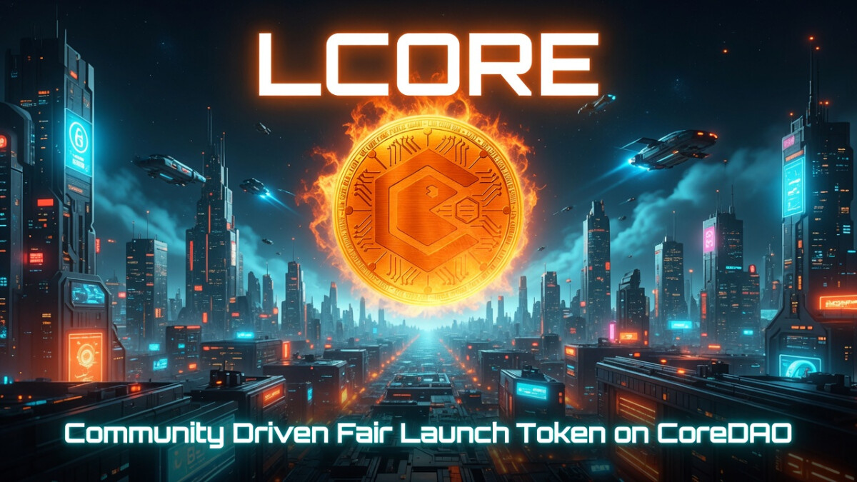 LCORE - CoreDAOチェーン上のコミュニティドリブンなフェアローンチファントークン。燃える黄金のLCOREコインが未来都市の夜空に浮かぶダイナミックなデジタルアート