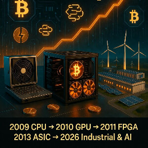 ビットコインマイニングの歴史と進化を示すイメージ。AIの隆盛はBTCマイニングが巨大な産業に育っていたからこそ成り立っている。