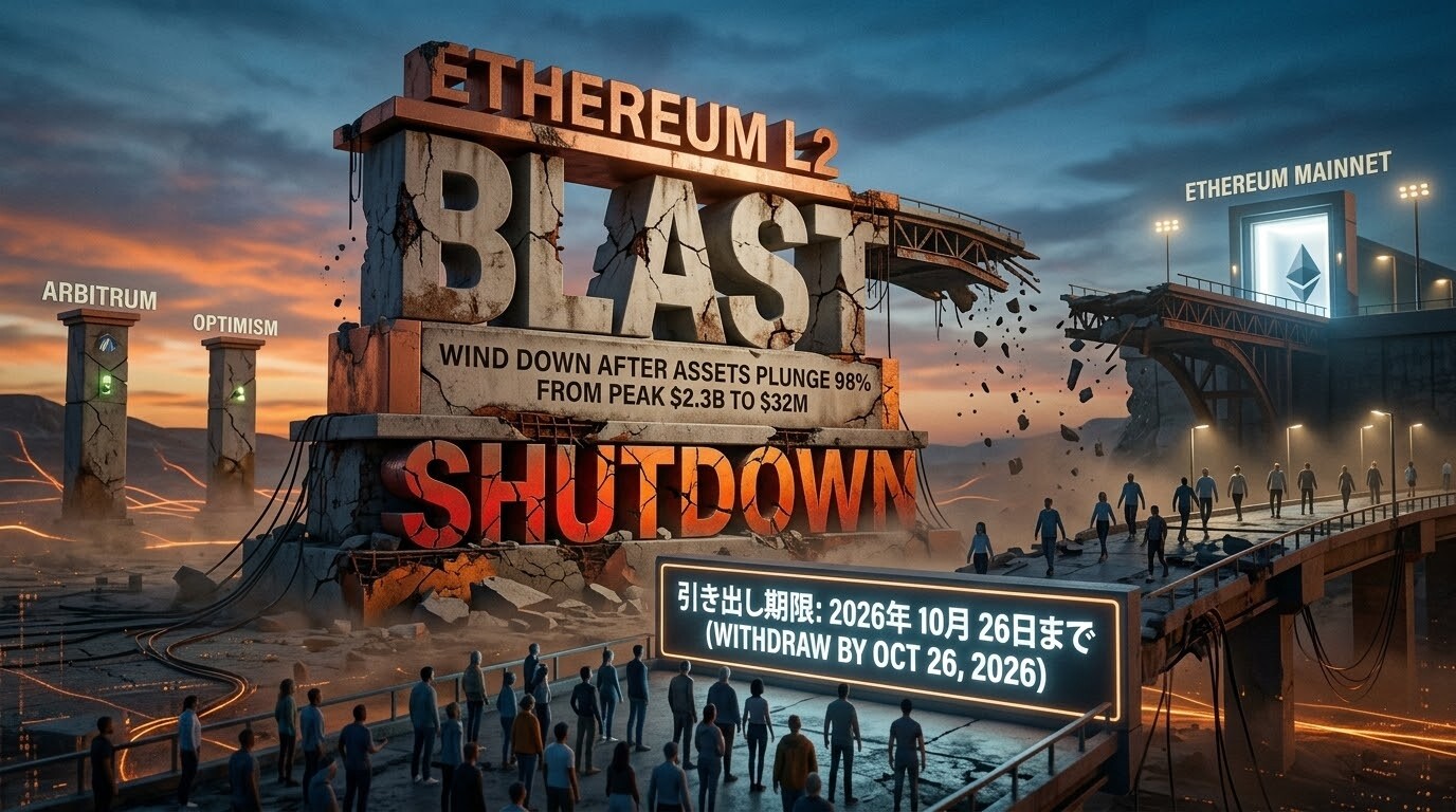閉鎖を発表したイーサリアム L2『Blast』のイラスト。崩れたブリッジと Ethereum メインネットへの資産引き出し期限（2026 年 10 月 26 日）を示すグラフィック