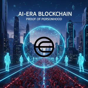 「AI時代のブロックチェーン」を象徴するアイキャッチ画像。未来都市を背景に、中央のオーブ状のWorld Chainが光り、検証された人間（青い人型）とボット（赤い群衆）を分離し、人間を優先する理念を視覚化。主要テキスト：「AI-ERA BLOCKCHAIN」「PROOF OF PERSONHOOD」。