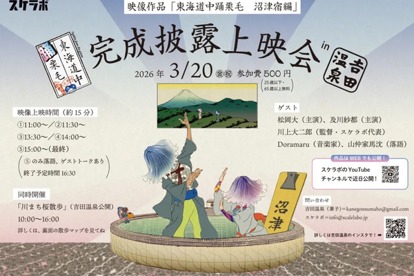 未来人が沼津に来たらしい。未来から来た弥次さん喜多さん、沼津で踊る。3/20は吉田温泉で「東海道中おどくりげ」完成上映。