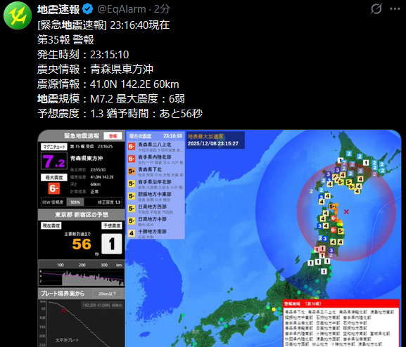 【緊急地震速報】青森東方沖でM7.2　最大震度6弱　猶予56秒　東北・北海道は強い揺れに警戒