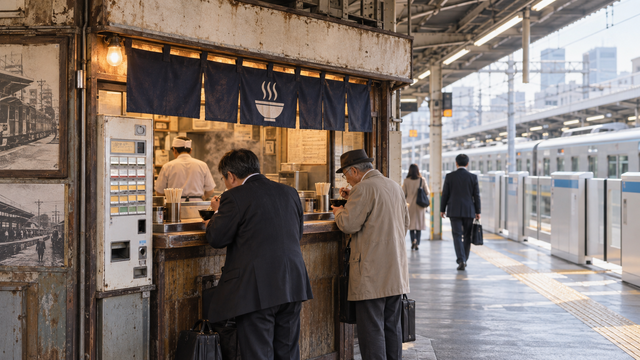 【悲報】駅ホームの「立ち食いそば」が消滅危機…バリアフリー化・再開発で“昭和の風景”が次々消える