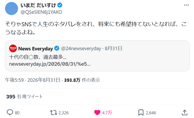 「今の若者はSNSで人生のネタバレを受けて早々に死にたくなる」←4.7万いいね