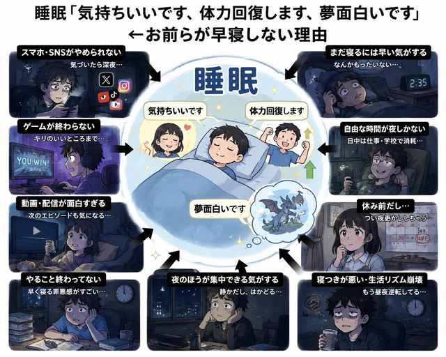 【謎】睡眠「気持ちいいです、体力回復します、夢面白いです」←お前らが早寝しない理由