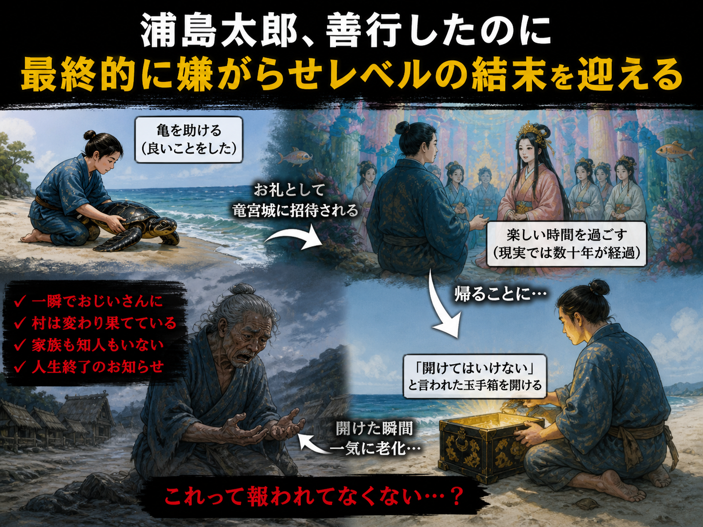 【闇深】浦島太郎、善行したのに老化させられて人生終了とかいう理不尽すぎる結末ｗｗｗｗｗ