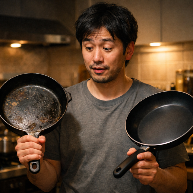 【悲報】鉄フライパン育て民ワイ、ついに気付く「テフロンでよくね？」