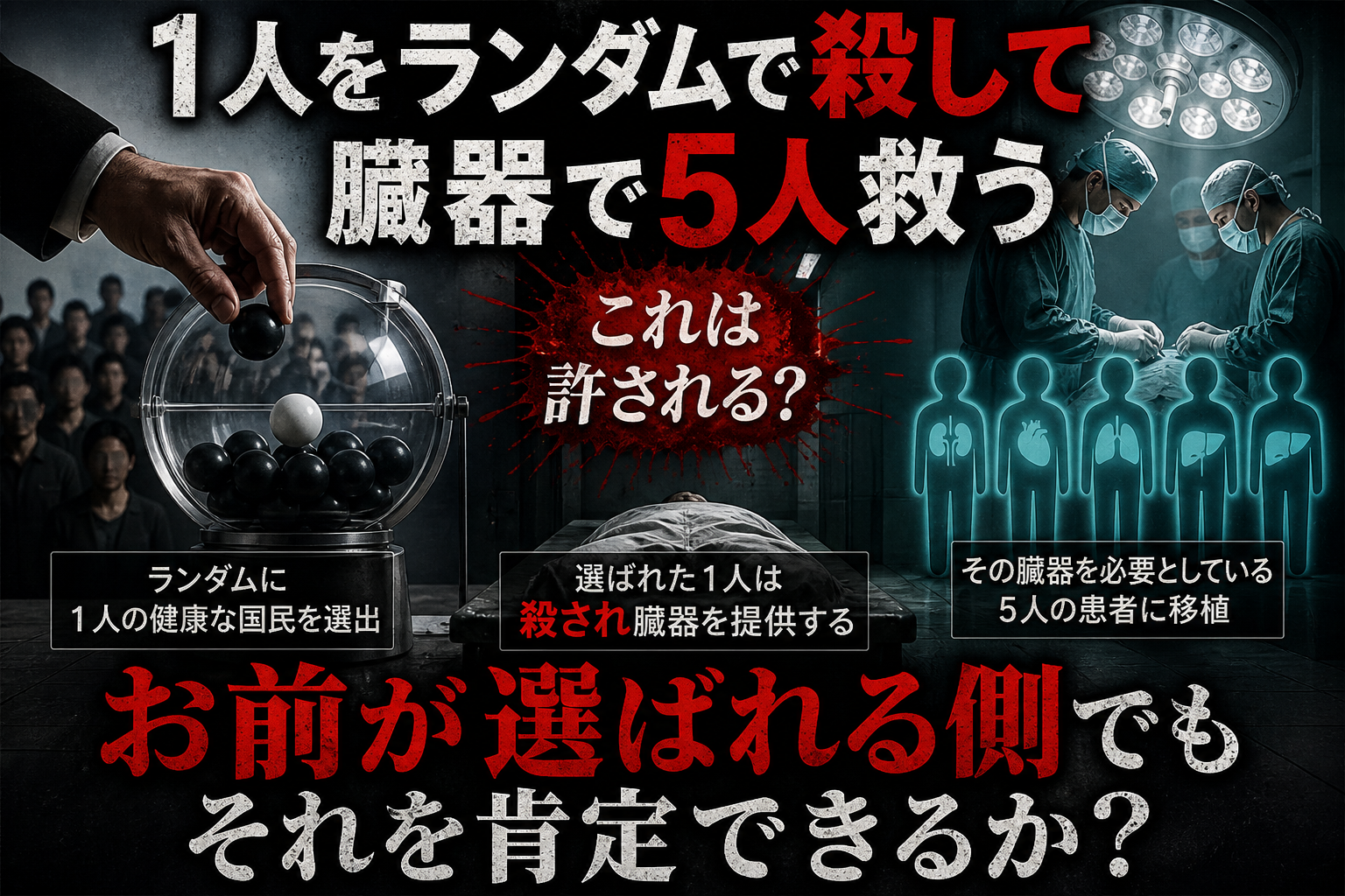 「5人助かるなら1人殺してOK」←この理屈ガチで破綻してると思うんだが論破できる奴いる？