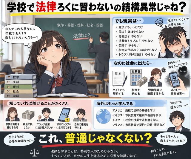 学校で法律をろくに習わないの、結構異常じゃね？「知らなかった」では済まないのに