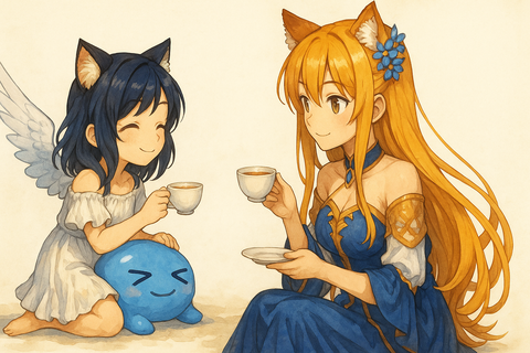 猫耳少女と狐耳の女性のティータイム