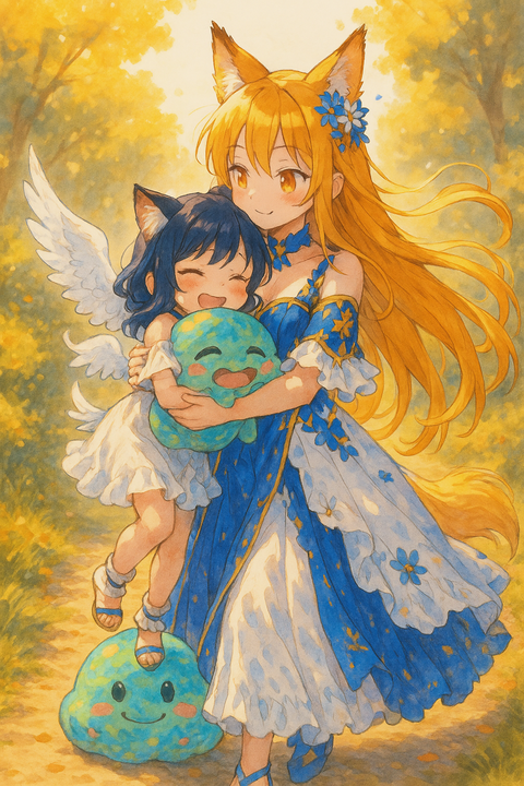 陽光の中の二人とスライム