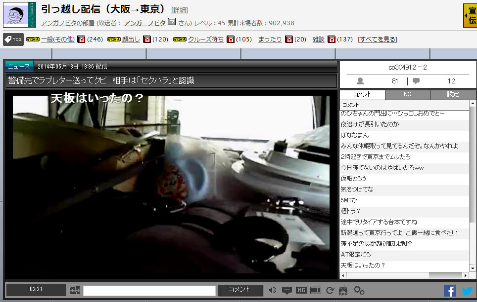 ニコ生主 アンガノビタ 偽のび太 さん 大阪から故郷東京へ引越し配信 ちくらん１位おめ 市況ｆｘ 株ニャー速