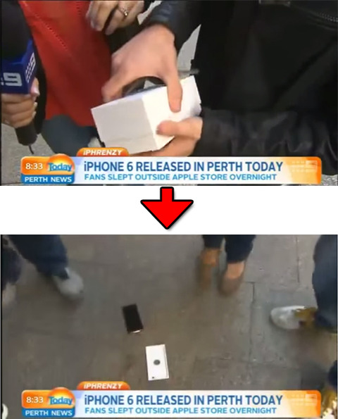 買ったばかりの「iPhone 6」をテレビカメラの前で落としてしまう可哀想な人が登場