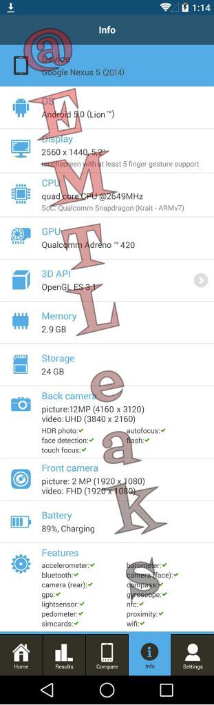「Nexus5 2014」のスペックがリーク、5.2インチ・Android 5.0 Lion・3GB RAM搭載