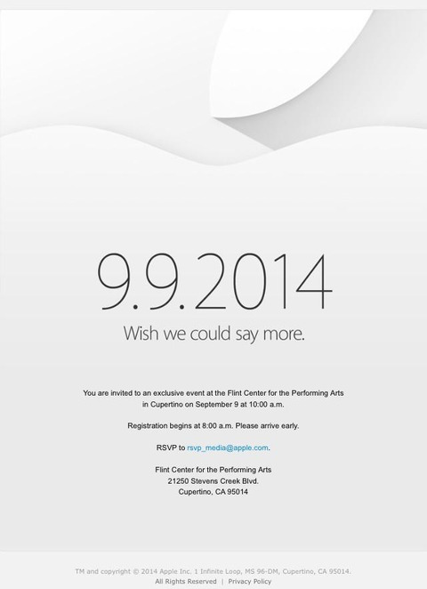 【公式】米アップル、9月9日に「iPhone6」「iWatch」発表イベントを開催 —5.5インチはお預け？