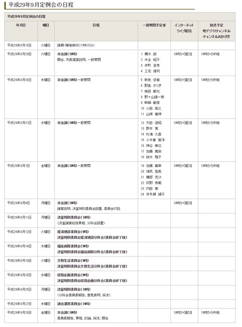 平成29年９月議会日程