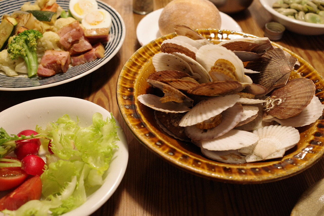 ホタテの稚貝 酒蒸しにしました おやじ厨房に入る