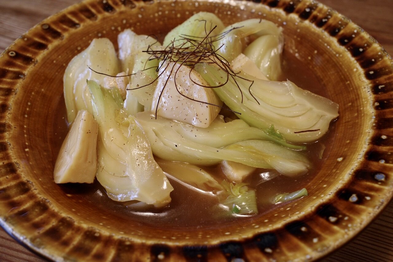 青梗菜と筍のオイスターソース炒め煮 おやじ厨房に入る