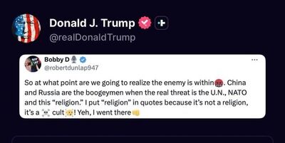 【速報】トランプ大統領、ロシアと中国が敵ではなくNATOが敵であると主張する投稿を共有