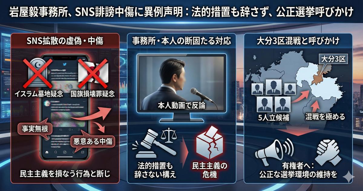 【速報】自民・岩屋毅氏の選挙事務所が「誹謗中傷行為に対する声明」を発表　法的措置にも言及