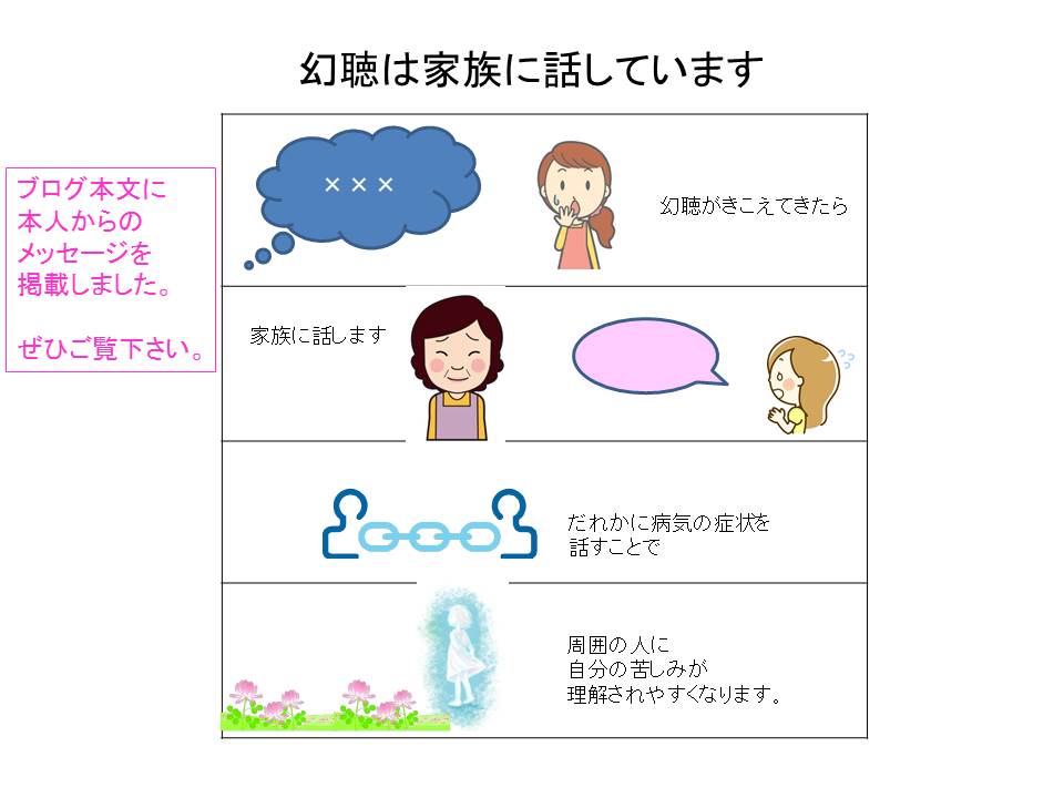 ４コマ漫画 統合失調症との付き合い方 当事者100人の経験 幻聴は家族に話しています 本人からのメッセージ