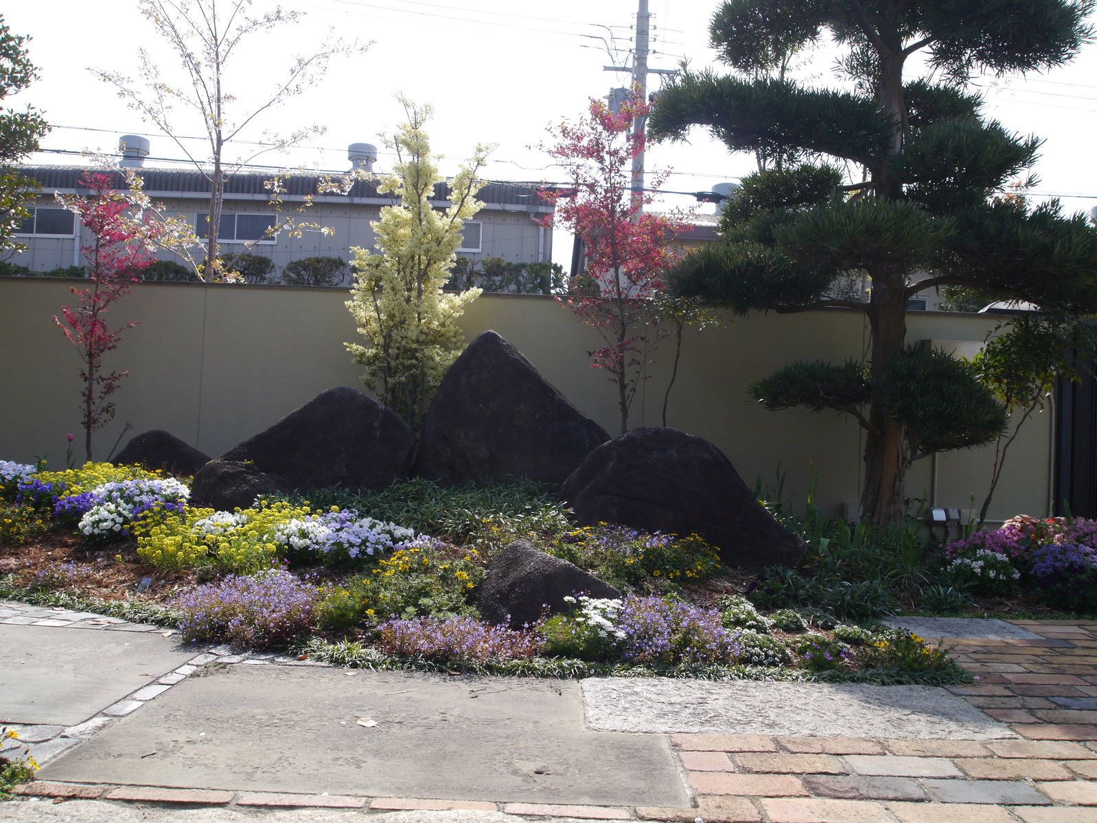 日本庭園の石組と花 火 ホ と ニワ と鍋釜