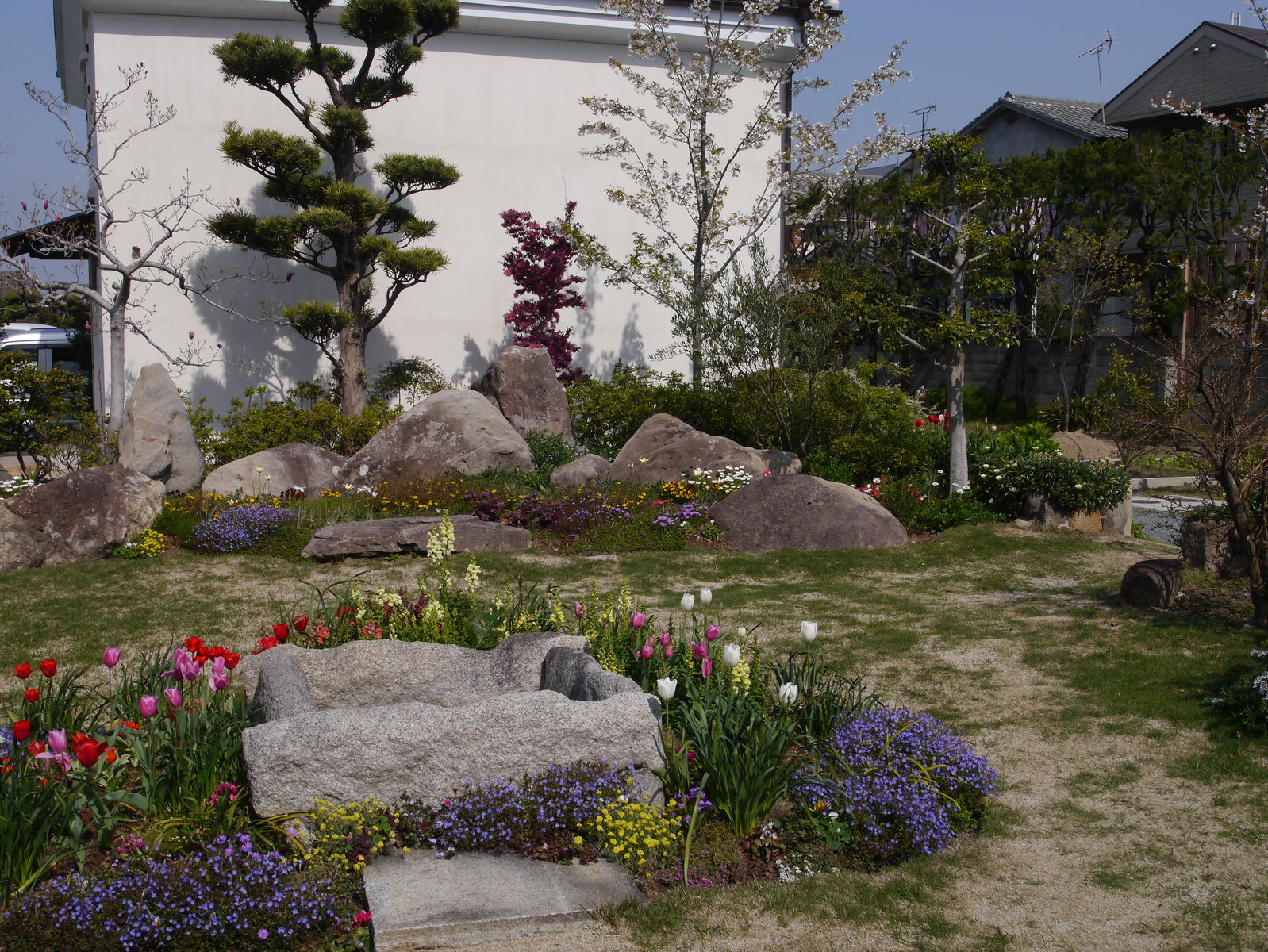日本庭園の石組と花 火 ホ と ニワ と鍋釜
