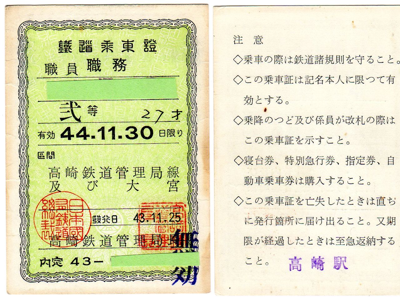 日本国有鉄道本社出入証 S59発行 2枚。 No122【職務用鉄道乗車証その1】等級時代、最後の鉄道乗車証