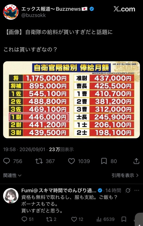 【画像】自衛隊の給料、貰い過ぎだと言われる…これはどうなの？