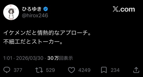 【悲報】ひろゆき「イケメンだと情熱的なアプローチ。ブサイクだとストーカー」