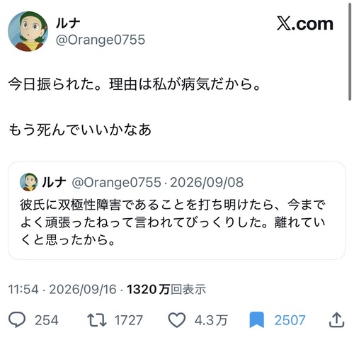 【悲報】双極性障害持ち女子「病気を受け入れてくれたと思ってた彼氏に振られた。もう死んでいいかなぁ」